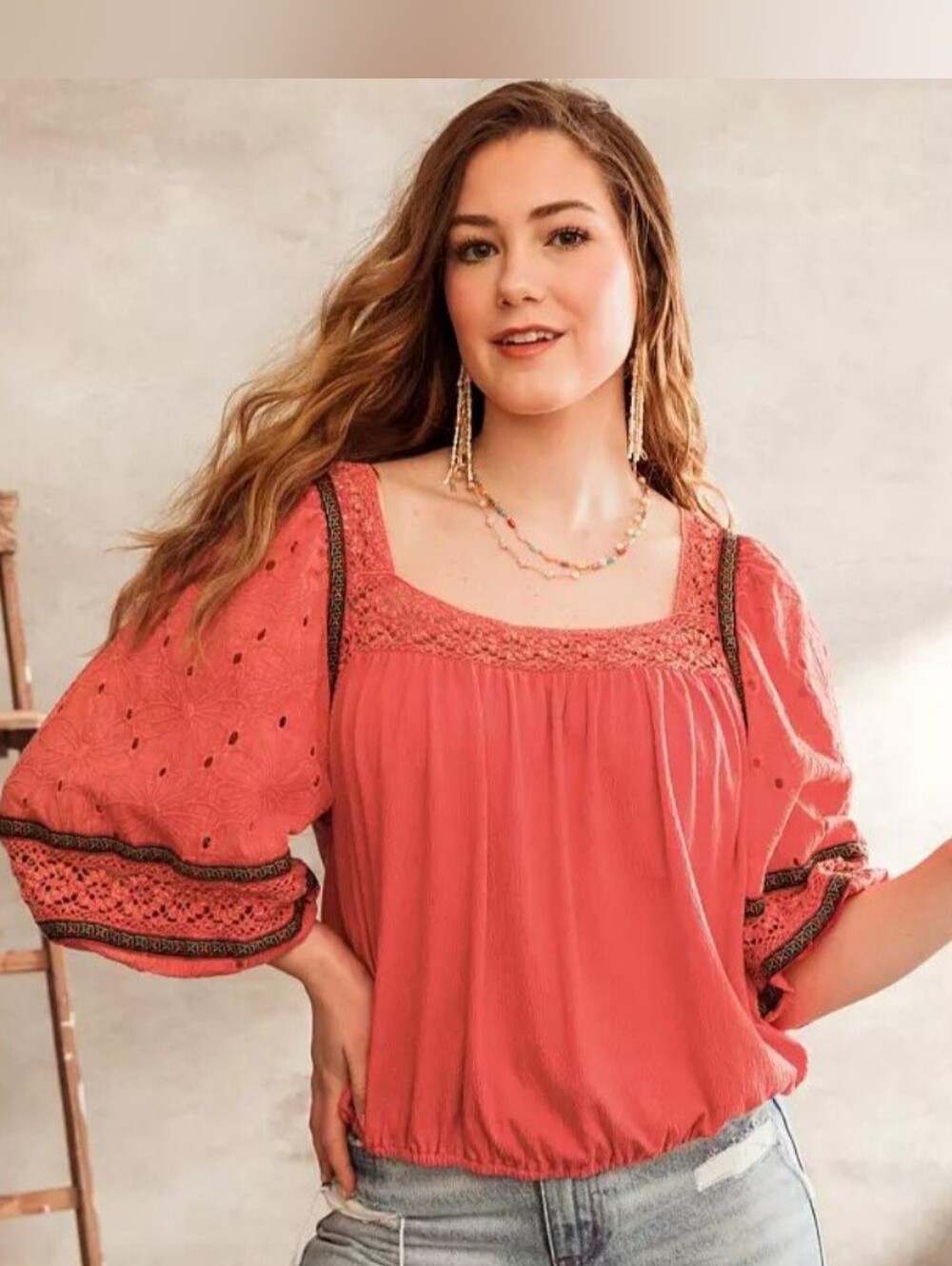 Gimmicks by BKE Buckle Square Neck Crochet Red Top Size L Boho